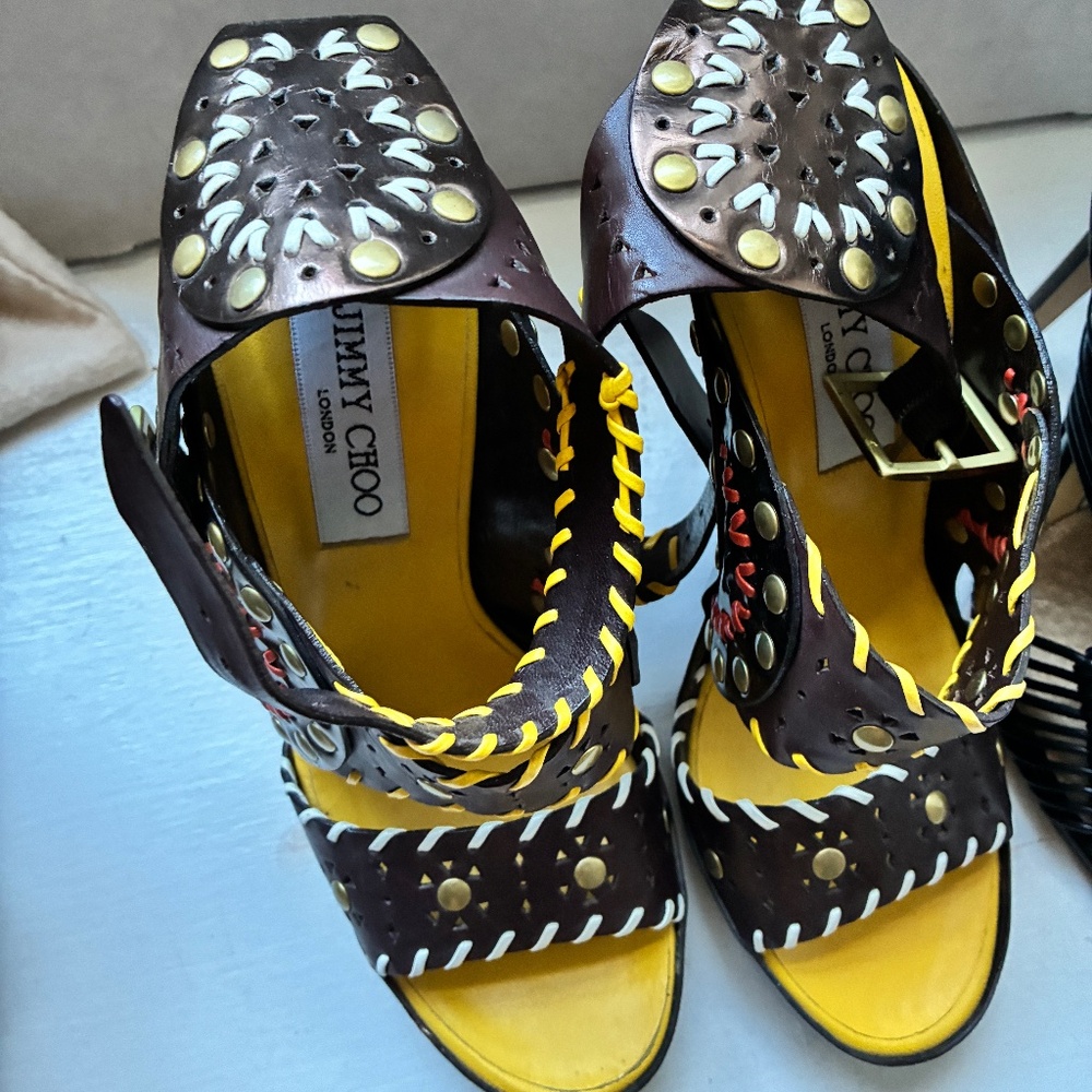 Jimmy Choo Vintage Brown/ Multi Colored Stitch Claudia Pumps